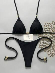 Swim Vcay 女款夏季海灘度假掛脖性感丁字比基尼套裝，珠飾裝飾，女性節慶穿搭，度假穿搭，海灘穿搭，黑色上衣 - 黑色 - 查看 6