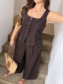Easowa Curve Plus Size Vest & Pants Suit Set - Coffee Brown - View 1