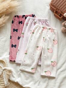 SHEIN Vintaside Kids 3件組女嬰休閒百搭可愛花朵蝴蝶結水果印花毛絨褲，適合秋冬、室內、戶外、度假、日常穿著 - 彩色 - 查看 6