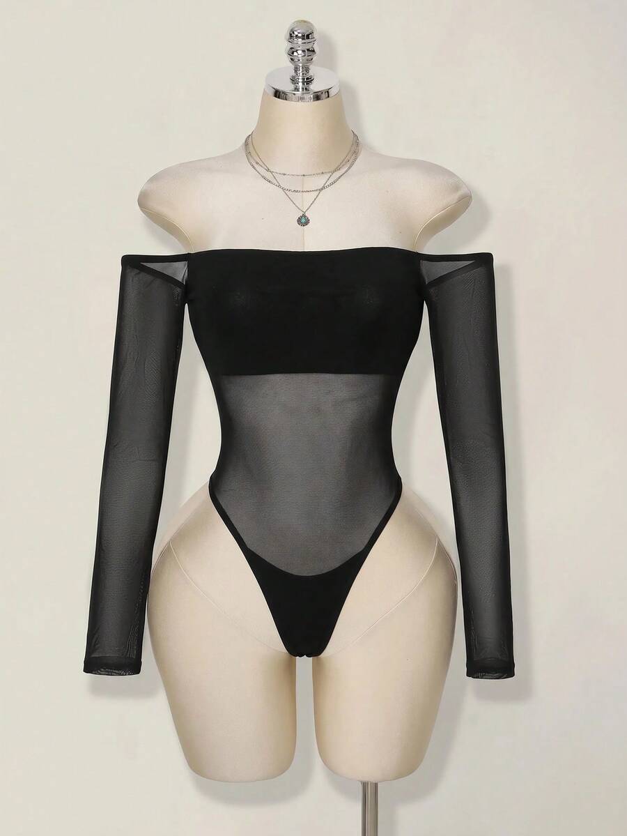 SHEIN ICON 女款時尚性感透視露肩連身衣 - 黑色 - 查看 1