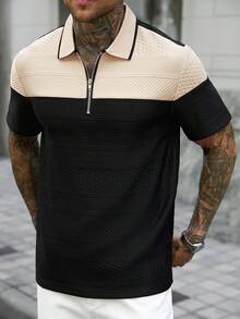 Manfinity CasualCool 男士夏季休閒拼色拼接短袖 Polo 衫 - 黑色 - 查看 5