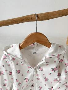 SHEIN Vintaside Kids 女嬰女童秋冬長袖連帽簡約休閒花卉數位印花夾克，適合外出、公園散步、度假、露營與休閒穿著 - 彩色 - 查看 4