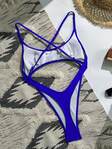 Swim SXY 女款性感玫瑰紅鏤空露背細肩帶巴西式丁字褲連身泳衣，夏季海灘度假 - 藍色 - 查看 2