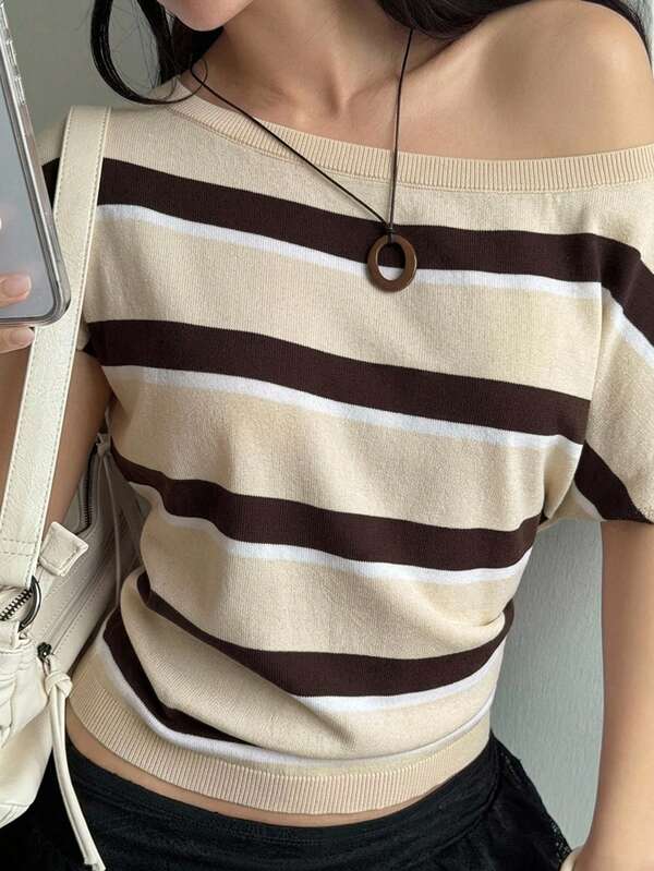 Livesso Summer Autumn Asymmetric Shoulder Short Sleeve Striped Colorblock Fitted Knit Apricot Short Casual Versatile Women's Knit Top
