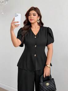 Modelyn Conjunto de 2 piezas para mujer de talla grande con top de manga corta y pantalones largos de unicolor con botones metálicos, estilo casual para ir al trabajo - Negro - Ver 6