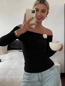 DAZY 女款露肩修身T恤 性感風格外出上衣 - 黑色 - 查看 3