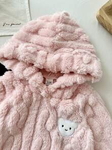 SHEIN Vintaside Kids 2pcs/Set Baby Girl Sweatshirt Set, Autumn Fuzzy Wheat Jacquard Light Pink Black And Pink Long Sleeve Hooded Bow Decor, Long Pants, Family Matching - Pink - View 7