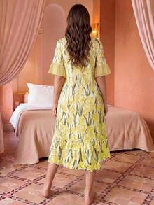 Jahmira Vestido largo de dormir con estampado floral, volantes y bloques de color, perfecto para el verano, Moo Moo - Amarillo - Ver 2