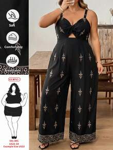 SHEIN CURVE+ Plus Size Vacation Printed Hollow Out Loose Jumpsuit, Summer Bohemian Boho Style Black And Gold - Black - View 7