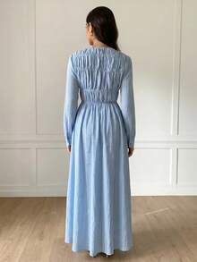 Solavon Women's Solid Color Round Neck Long Sleeve Pleated Elegant Modest Dress Tea Party Brunch Baby Blue Fall - Blue - View 4
