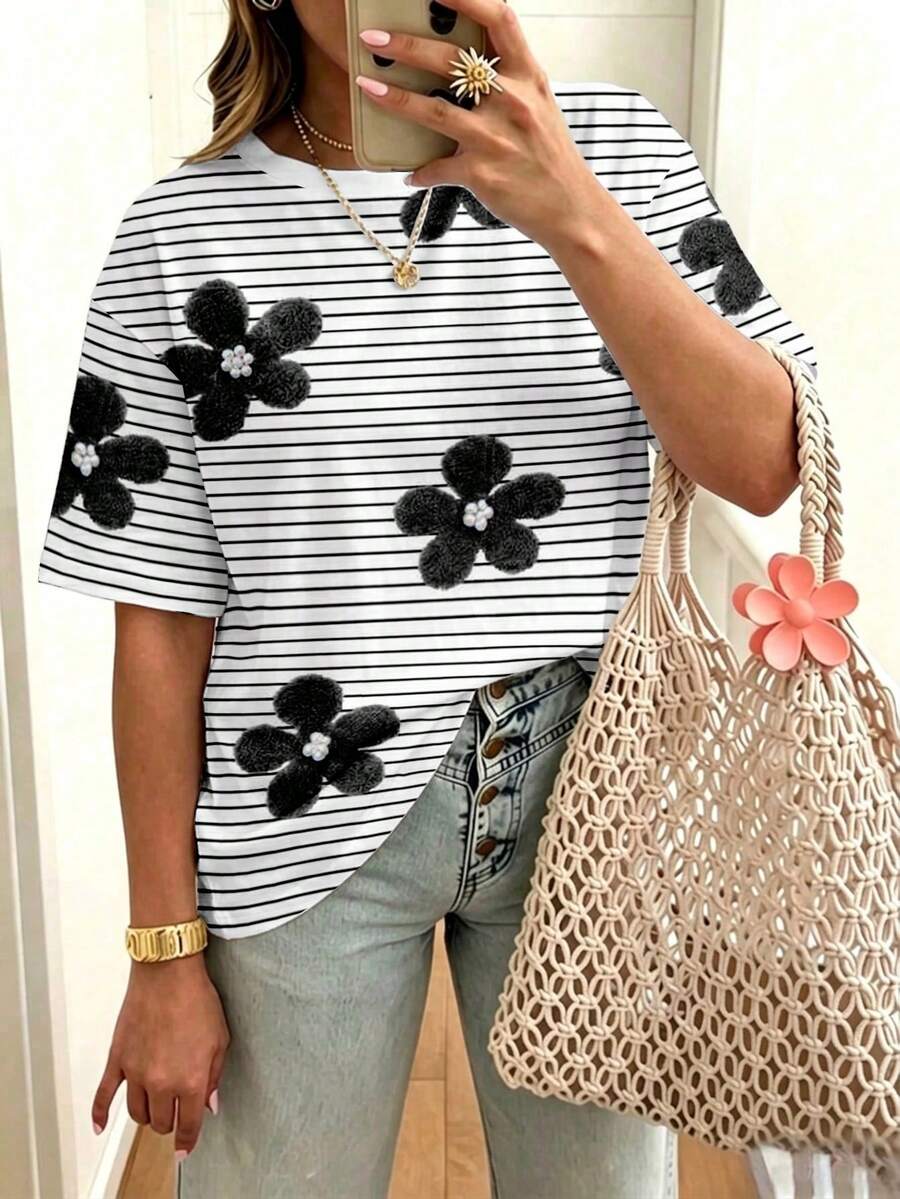 Elenzga Plus Size White Black Horizontal Stripe Fuzzy Floral Print Crew Neck Short Sleeve Casual Basic T Shirt Women Summer - Multicolor - View 1
