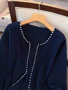 GlowEve CURVE Plus Size Elegant Beaded Round Neck Long Sleeve Cardigan - Navy Blue - View 4