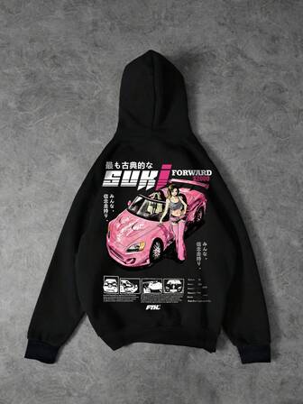 Felpa con cappuccio da uomo casual streetwear primavera/autunno con stampa di personaggi anime & auto, spalle cadenti e vestibilità ampia