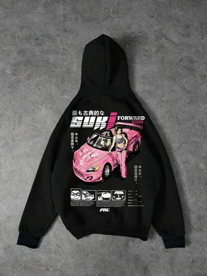 Sudadera con capucha holgada de hombros caídos para hombre, estilo casual de moda urbana, con estampado de personaje de anime y coche, primavera/otoño