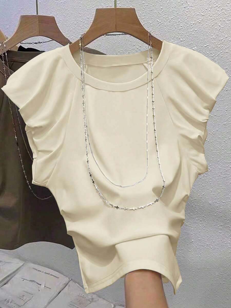 Franclia 女士圆领短袖休闲纯色褶皱荷叶边灯笼袖夏季T恤 - 杏色 - 查看 1