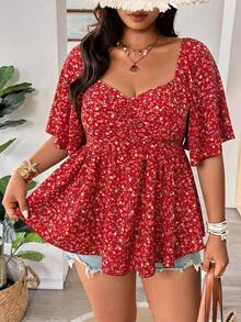 Vionelle Plus Size Ditsy Floral Print Casual Versatile Elegant Blouse For Spring And Summer - Red - View 3