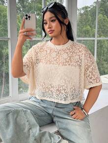 SHEIN EZwear 大尺碼女款法式浪漫風蕾絲透視T恤 - 白色 - 查看 4