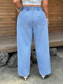 SHEIN Quần jean denim cạp chun co giãn phong cách thường ngày màu wash size lớn - Màu xanh lam - Xem 2