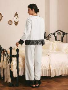 Côtesoire French Elegant Romantic Colorblock Lace Patchwork Contrast Tie Bow Comfortable Jacquard Woven Women's Pajama Set - White - View 2
