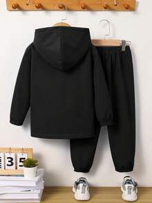 SHEIN 2件組兒童淺藍色外套 + 棕色厚抓絨內裡梭織長褲，適合通勤、上學、休閒、度假、運動、冬季及新年出遊 - 彩色 - 查看 2