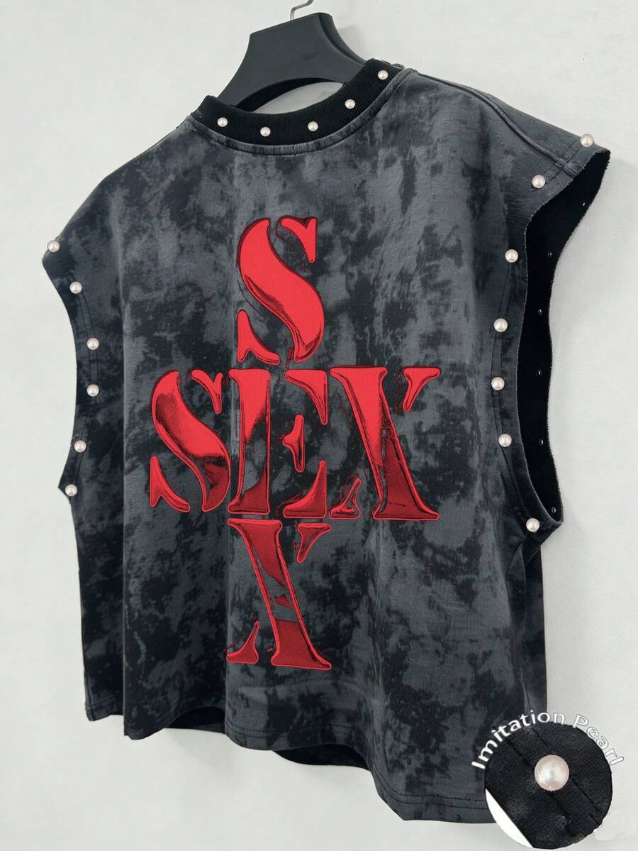 Manfinity EMRG Camiseta sin mangas para hombre con patrón de letras, gran copo de nieve y cuentas de burbuja - Negro - Ver 1