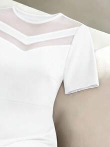 GlowEve CURVE 大尺碼優雅高端女款網紗拼接短袖A字洋裝 - 白色 - 查看 3