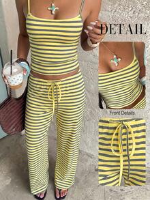 Aloruh Setelan Kasual Musim Panas/Semi Wanita Warna Kuning Minimalis Bergaris Motif Blok Warna untuk Liburan, Atasan Camisole dan Celana Panjang dengan Tali Pinggang, 2 Potong - Kuning - View 7