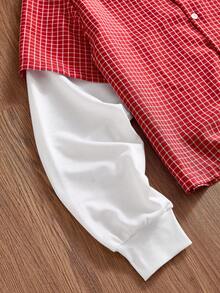 SWAVVY Camisa 2 en 1 para hombre con cuadros, patchwork y bordado de letras - Rojo - Ver 5