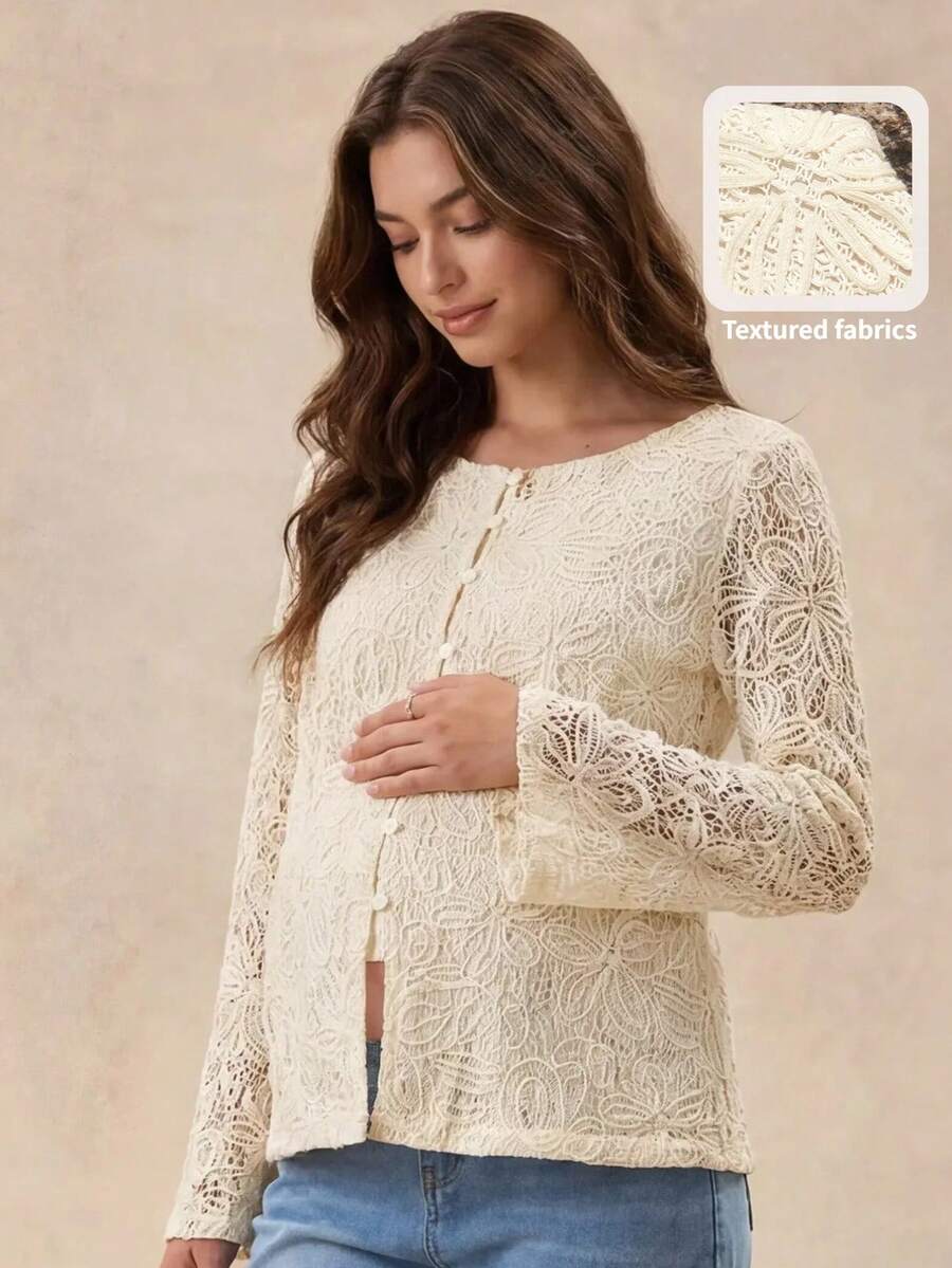 Boho Mama 孕婦紋理鐘形袖單排扣休閒襯衫 - 杏色 - 查看 1