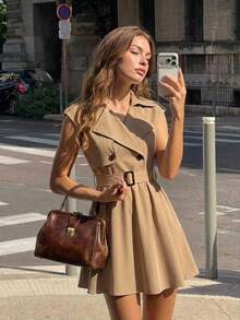 SHEIN MOD Women's Summer Casual Elegant French Commute Everyday Belted Short Dress Khaki Fall Summer Festival  Back To School - Khaki - View 1