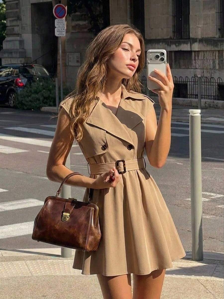 SHEIN MOD Women's Summer Casual Elegant French Commute Everyday Belted Short Dress Khaki Fall Summer Festival  Back To School - Khaki - View 1