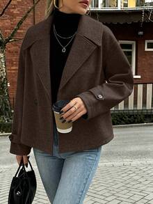 EMERY ROSE Women's Large Lapel Decorative Button Long Sleeve Wool Coat - Coffee Brown - View 4