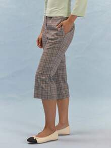 MUSERA Mid Rise Check Pattern Cropped Flare Trousers With Button Waist Detail Summer Smart Casual 1960s Vintage 90s Office Work School Sixth Form Grey Plaid - Multicolor - View 3