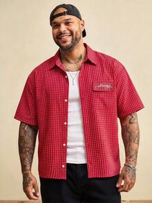 EASEVO Men's Plus Size Plaid Embroidered Short Sleeve Single Breasted Shirt - Red - View 3