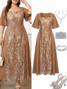 SHEIN Clasi 大尺碼女款刺繡方領短袖優雅1920年代休閒正式禮服婚禮金色夏季 - 杏色 - 查看 2