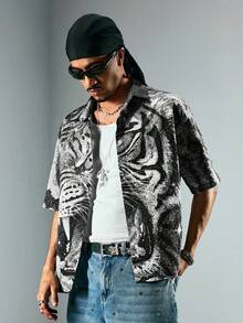 ROMWE MEN Street Life Men's Turn-Down Collar Tiger Print Digital Shirt - Black - View 5
