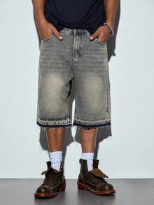 Modcrash Mud Yellow Washed Straight-Leg Cropped Jeans, With Frayed Hem Design, Featuring Distressed And Faded Effect, Vintage Casual Shorts - Mustard Yellow - View 4