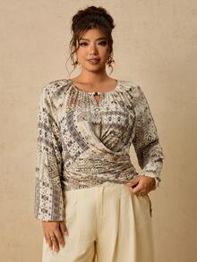 Travachic Plus Size Bohemian Boho Geometric Print Shirt With Wooden Bead Decor + Fitted Cut Vintage Vacation Style Summer Versatile Sleeveless Top Blouse Beige - Multicolor - View 3