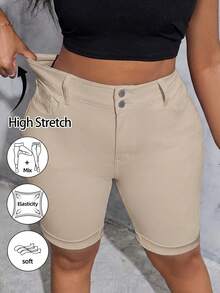 SHEIN Tall CURVE سروال قصير جينز أبيض مرن مقاس كبير للسيدات - كاكي - مشاهدة 1