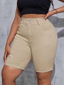 SHEIN Tall CURVE سروال قصير جينز أبيض مرن مقاس كبير للسيدات - كاكي - مشاهدة 4
