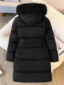 SHEIN 青少年女孩秋冬純黑色連帽填充外套，黑色毛領、黑色鈕扣，中長版寬鬆版型，收腰蝴蝶結設計，百搭填充外套 - 黑色 - 查看 2