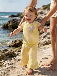 SHEIN Playful Pals 嬰兒(女嬰)休閒針織條紋海星貼布短袖上衣 & 喇叭長褲T恤套裝，舒適夏季休閒日常穿搭 - 黃色 - 查看 6