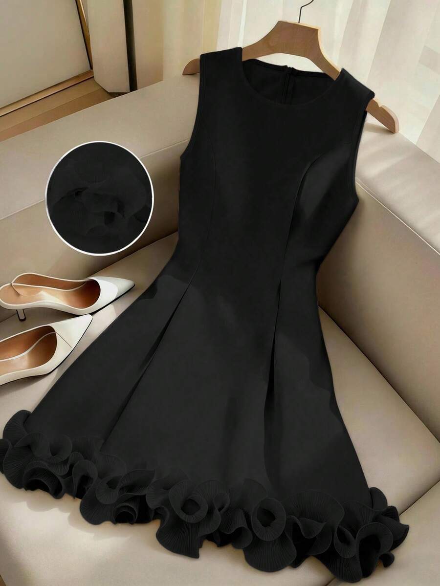 SHEIN Franclia Women's Solid Color Casual Minimalist Party Dress For Summer - Black - View 1