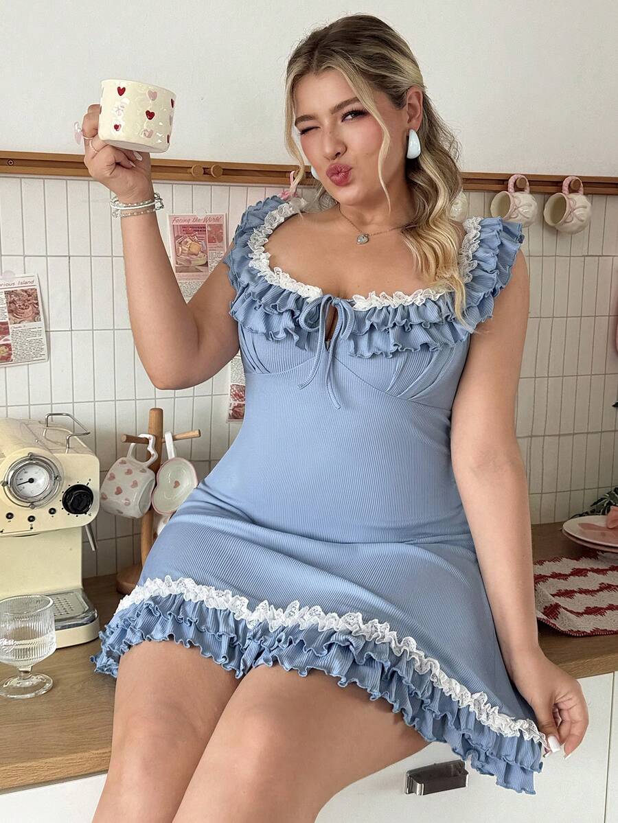 Slumberry CURVE Sweet Romantic Exaggerated Lace Frill Trim Tie-Up Mini Knit Comfortable Plus Size Nightgown - Blue - View 1