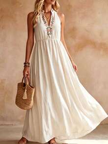LUMIGAL Women's V-Neck Floral Embroidered Pleated Casual Everyday Dress - Apricot - View 4