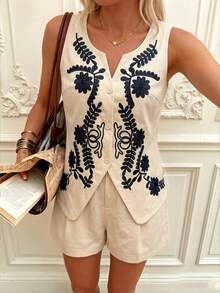 Cévolie Apricot Embroidered Vest And Shorts 2 Pieces Set - Apricot - View 3