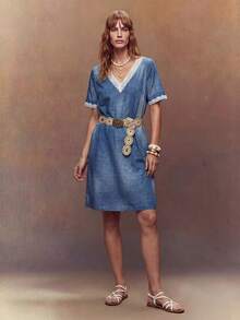Fembélia Women's V-Neck Lace Trim Casual Boho Daily Summer Short Dress Vacation Dark Blue - Blue - View 6