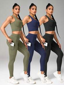 Velisys Velisys Women's Solid Color Cropped Tank Top And Fitted Leggings 3-Piece Sports Set - Multicolor - View 6