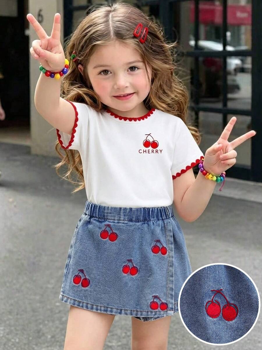 SHEIN Xiyin Girls Sweet 2-Piece Set, Cute Cherry Embroidered T-Shirt And Anti-Exposure Denim Embroidered Skort Outfit, Soft Embroidered Collar Design, Fresh - White - View 1