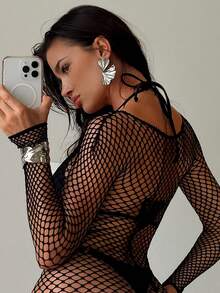 Swim SXY Hollow Out Long Sleeve Fishnet Jumpsuit With Round Neck And See-Through Cover Up Summer - Black - View 3